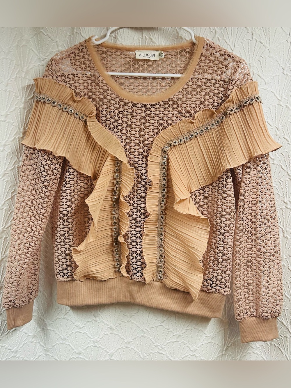 Allison New York Ruffle and Grommet Open Knit Sweater in Pinky-Orange
